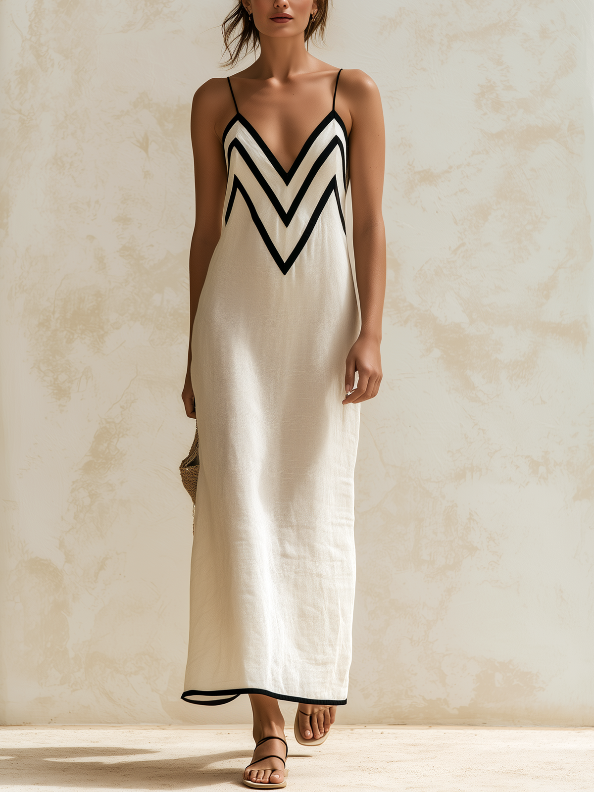 Marisa | Abito Lungo Donna Chevron con Bordo a Contrasto