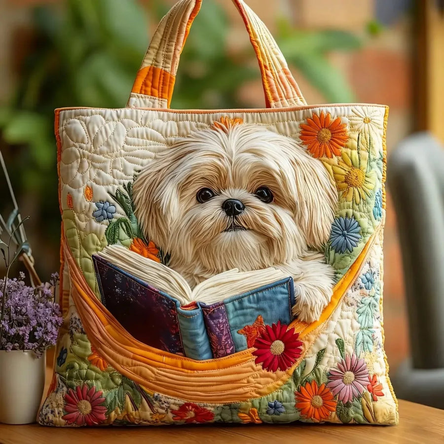 Borsa Artigianale - Shih Tzu con Libri e Fiori