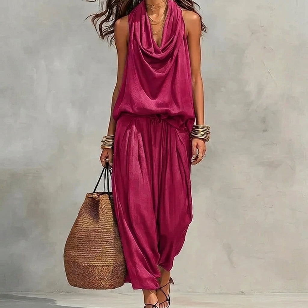 Ambre | Completo Fluido Top Halter Drappeggiato e Pantaloni
