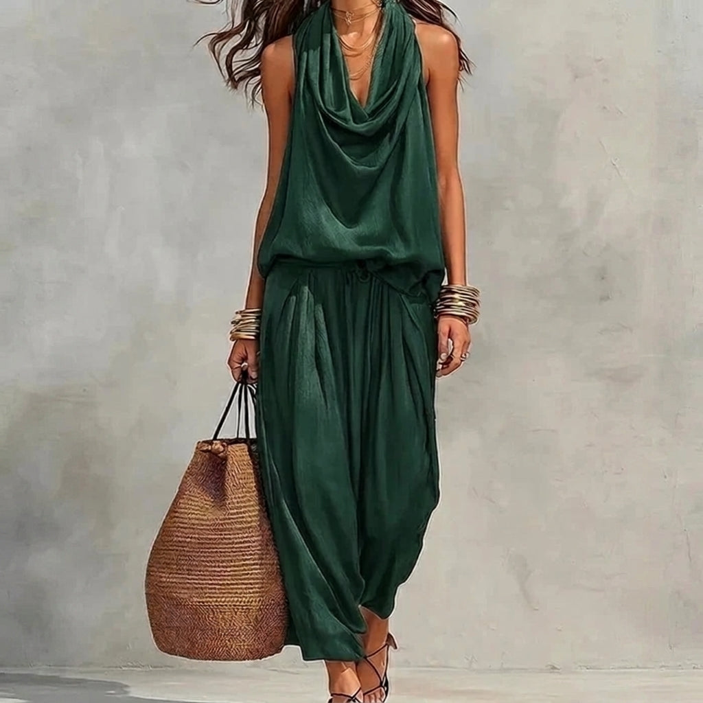 Ambre | Completo Fluido Top Halter Drappeggiato e Pantaloni