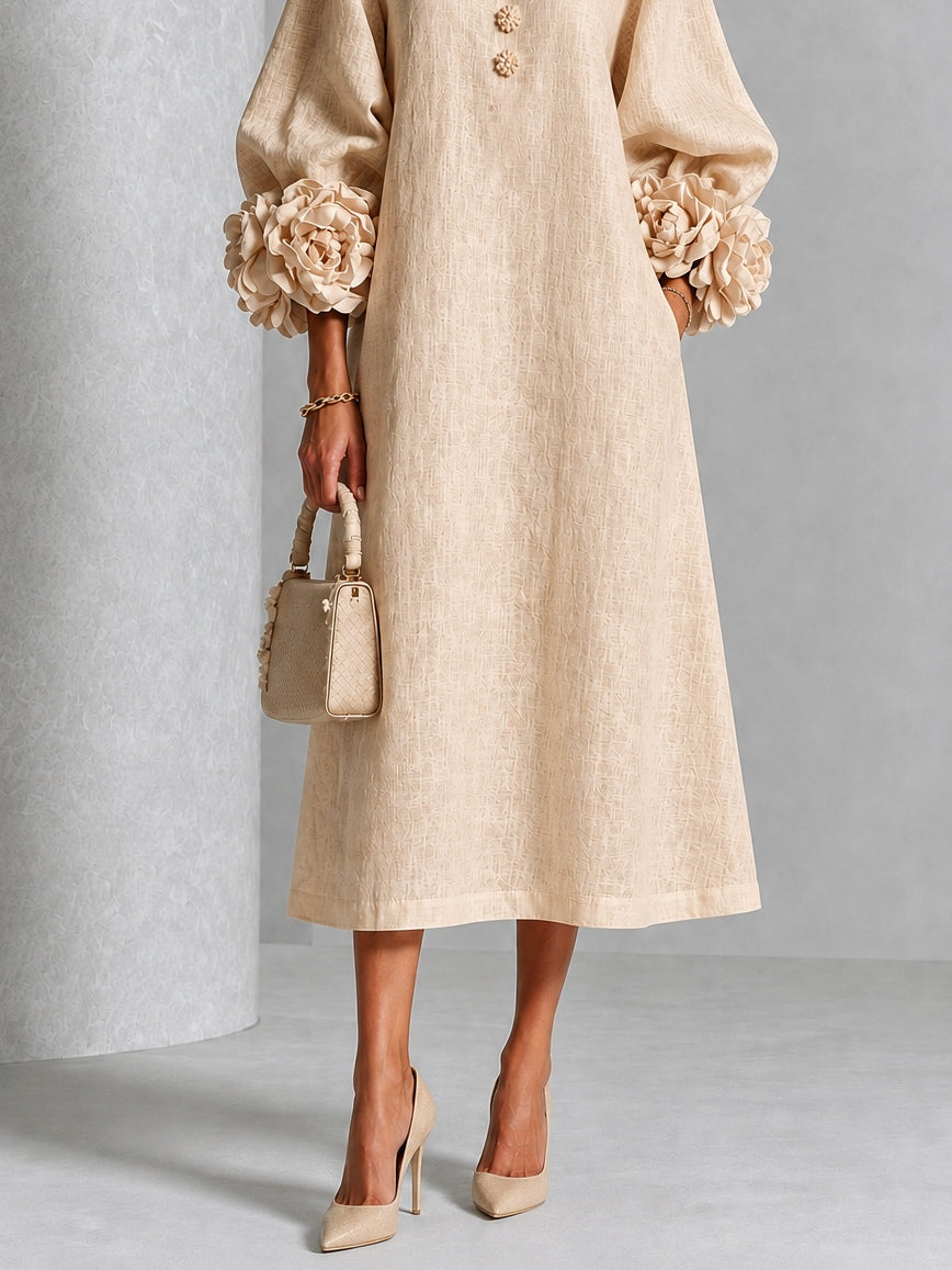 Carlotta | Abito Midi in Misto Lino con Polsini a Rosa, Beige