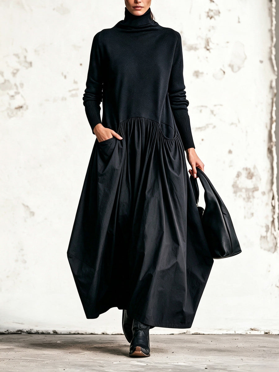 Celinne- Abito lungo oversize nero con collo alto e tasche decorative