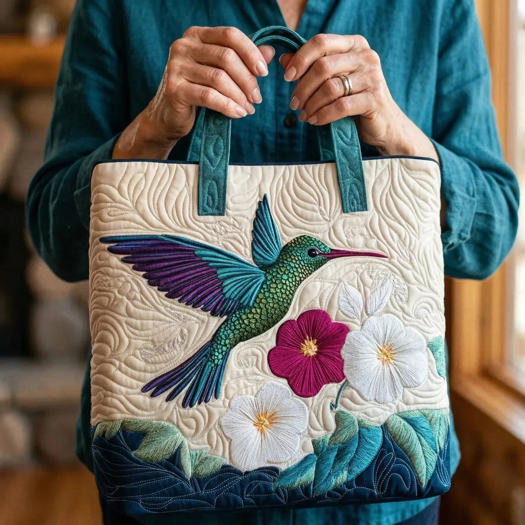 Borsa Imbottita - Colibrì e Fiore Bianco