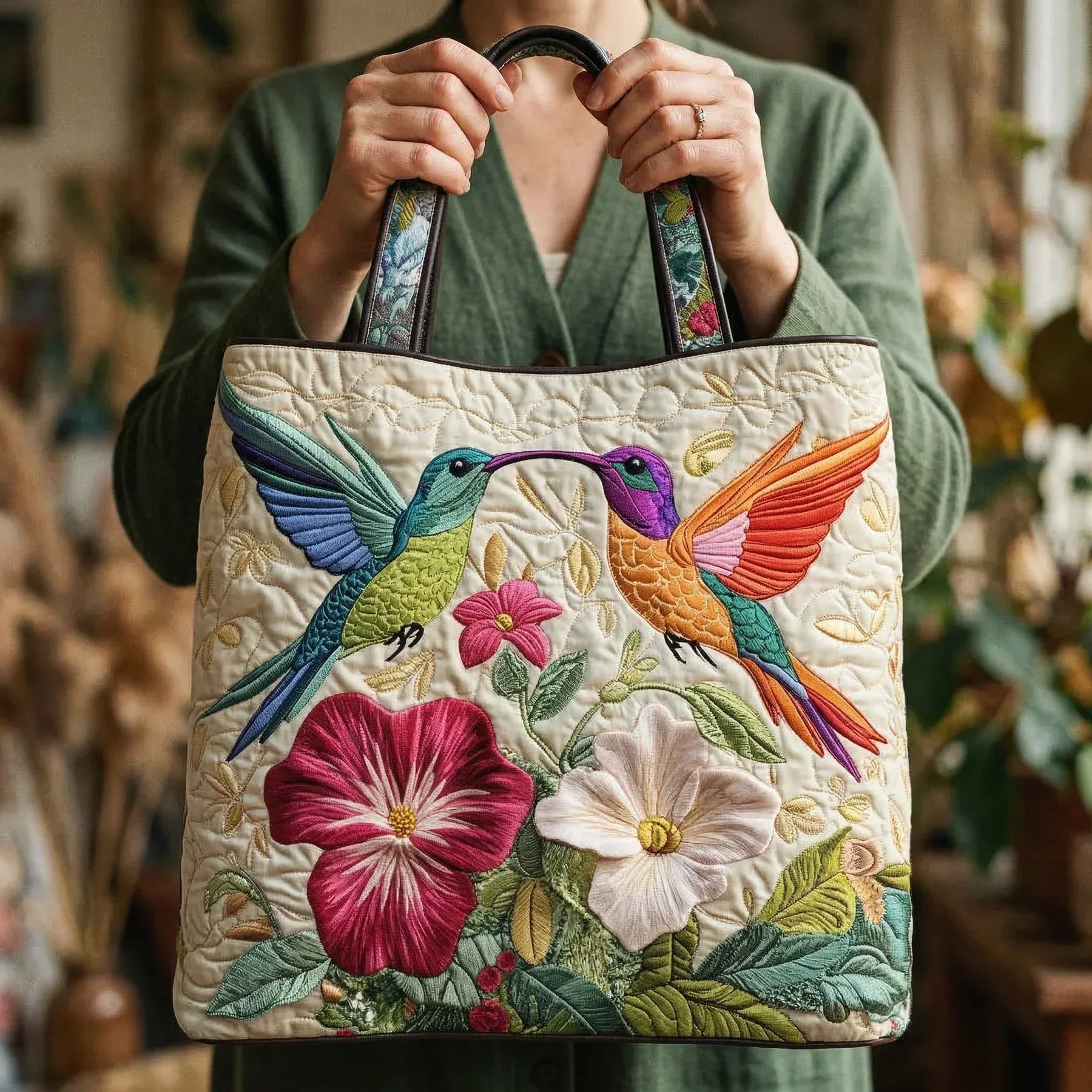 Borsa Imbottita - Colibrì e Fiori Bianchi
