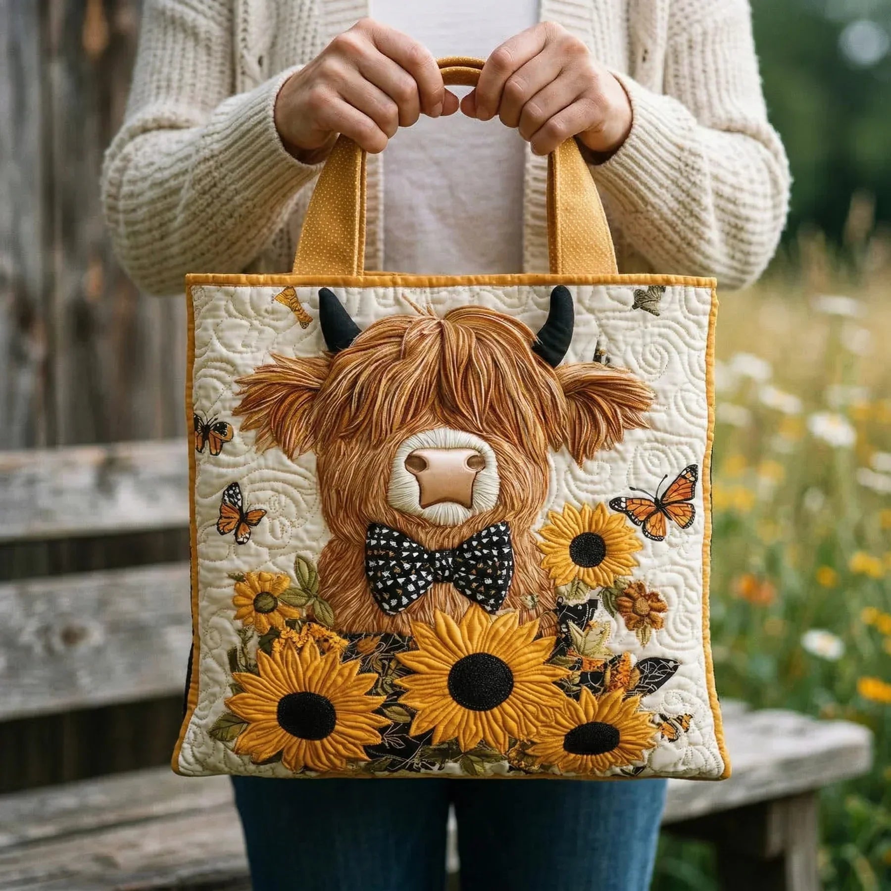 Borsa Imbottita - Mucca delle Highlands con Girasoli