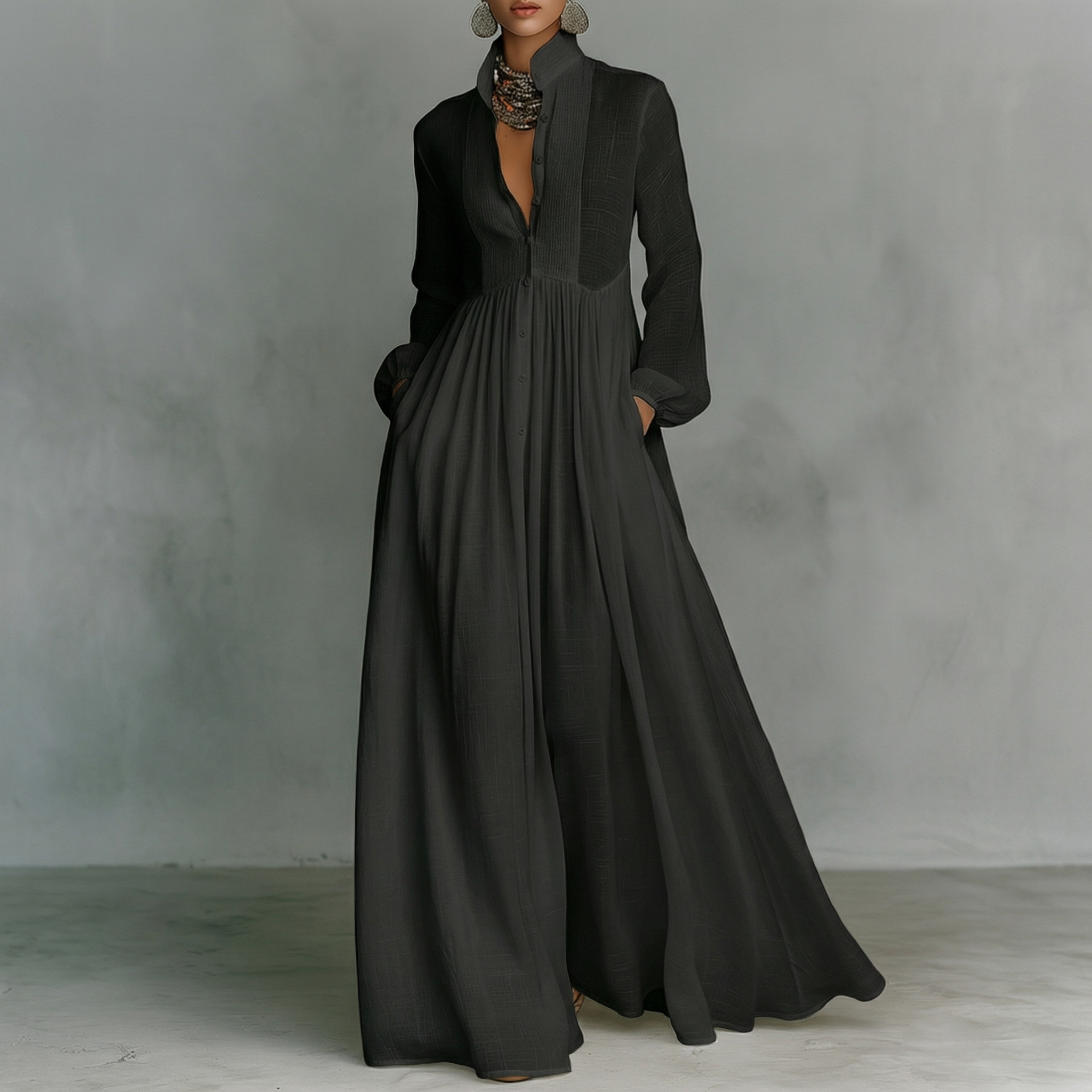 Elisa | Maglia maxi minimalista in cotone e lino con patchwork, collo alto e maniche lunghe