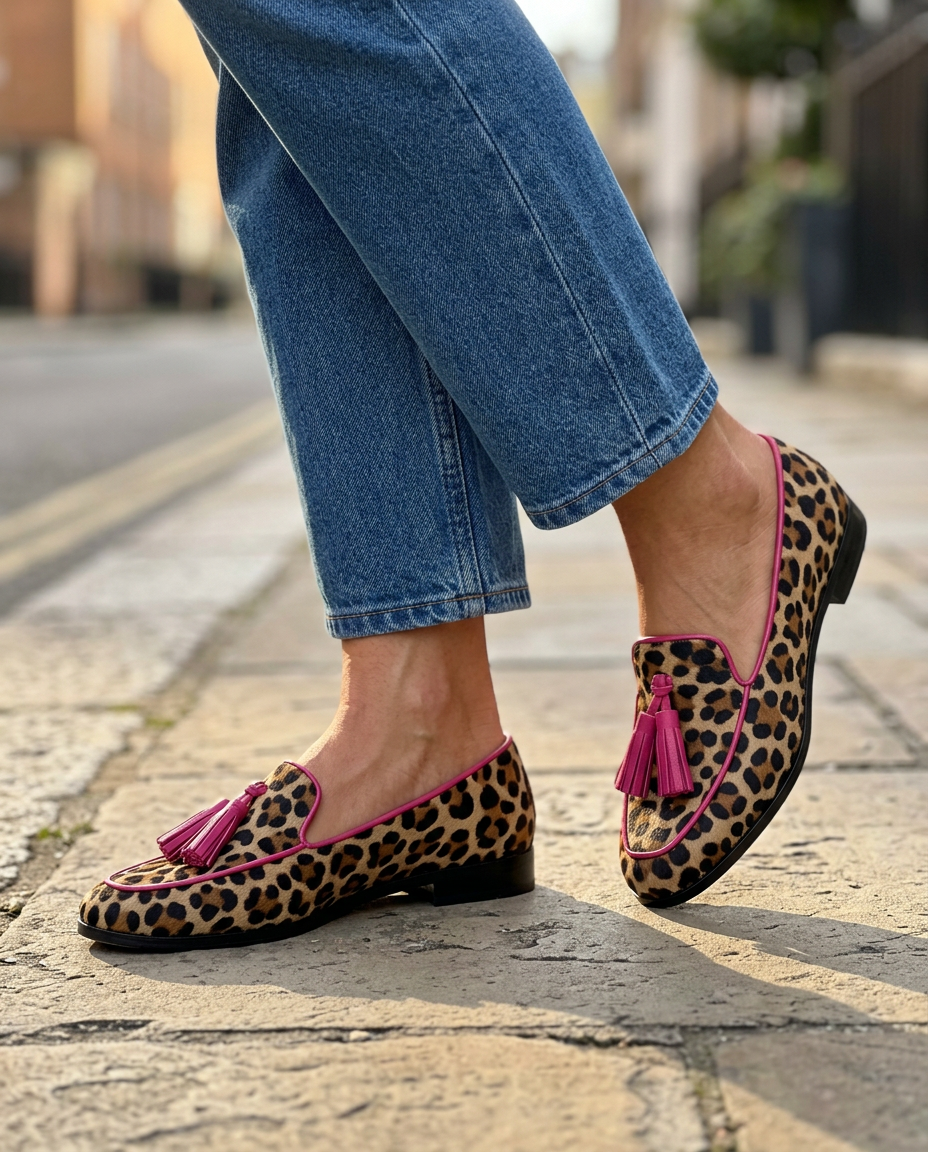 Mocassino Fiamma — Leopardo con Profili e Nappine Fucsia