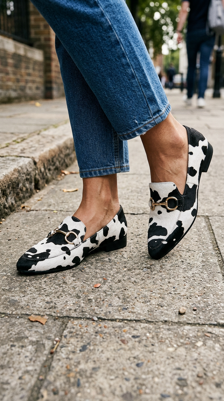 Mocassino in Pelo Stampa Maculata Bianco e Nero