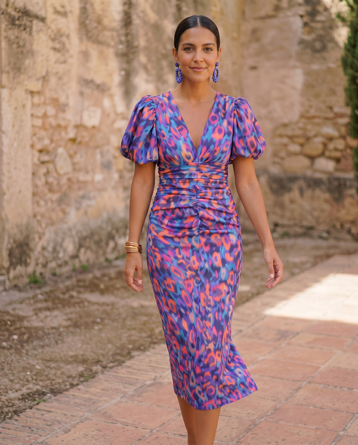 Carla | Abito Midi Donna Floreale con Maniche a Sbuffo