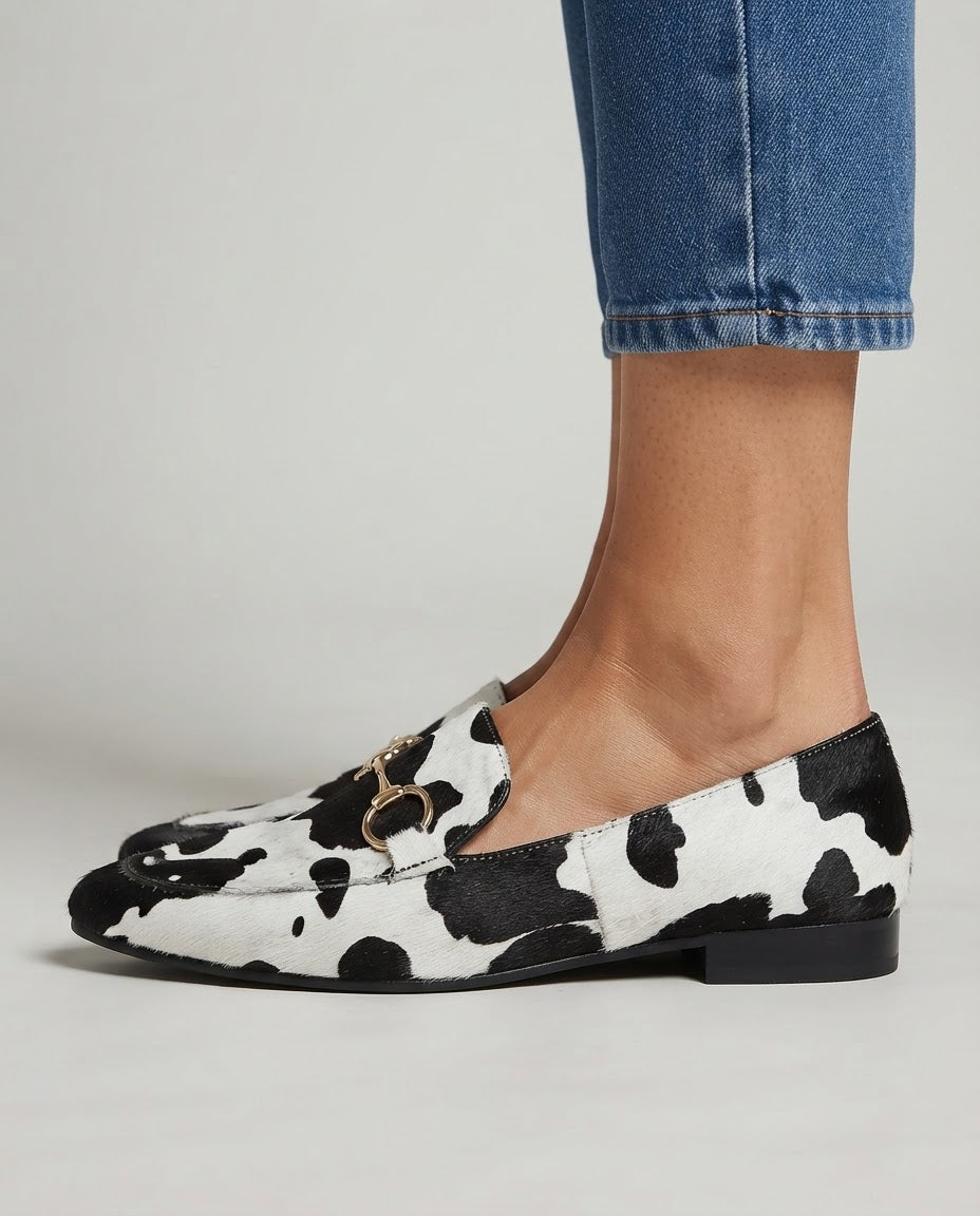Mocassino in Pelo Stampa Maculata Bianco e Nero