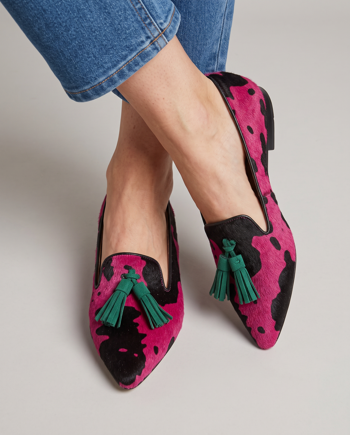 Mocassino Ginevra — Mucca Fucsia, Nappine Verdi