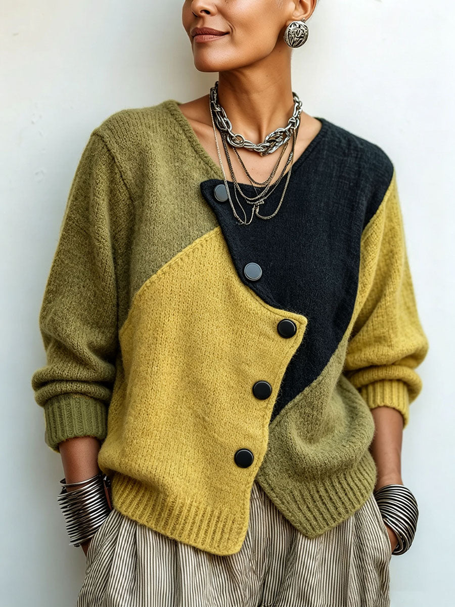 Ottavia | Cardigan Oversize Color-Block in Maglia, Verde Oliva e Senape